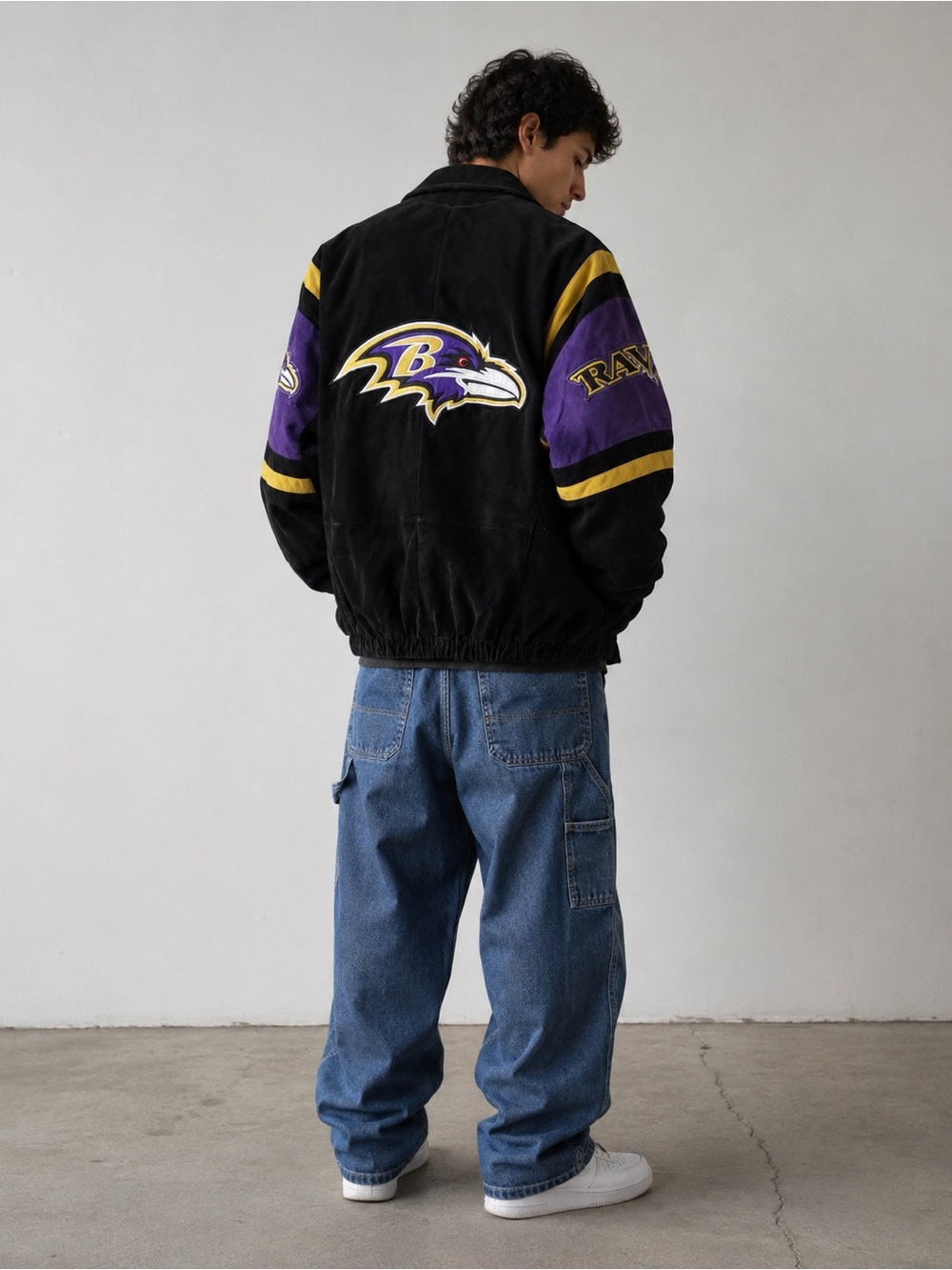 ntage Baltimore Ravens Genuine Suede Leather Jacket NFL Full Zip Size Large Y2K